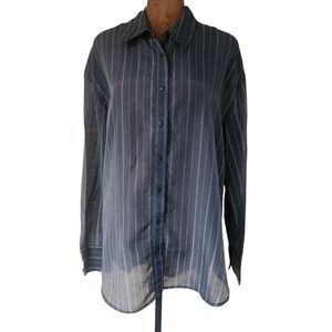 Modern‎ Works Womens Button Up Shirt Size Medium Striped Gray Tencel Sheer Top